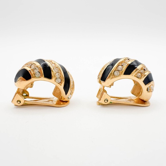 Christian Dior Gold Tone Half Hoop Clip-On Earrings Black Enamel Clear Stones - Picture 13 of 13